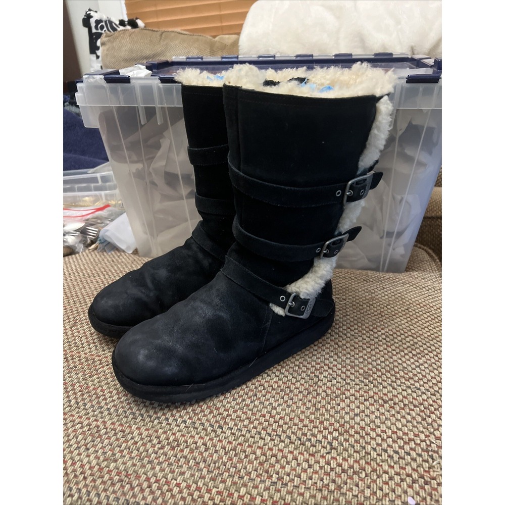 UGG Australia Women Maddi Black Leather Sheepskin Boots 1001520 Zip Buckle Sz 6